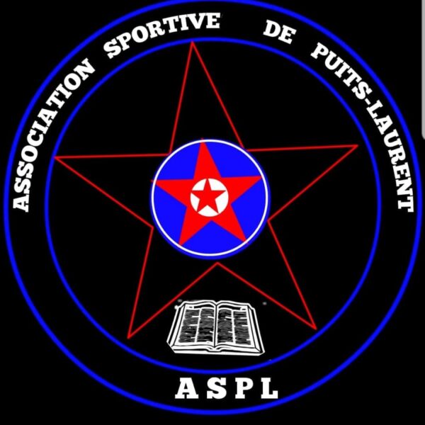 Logo of Association Sportive de Puits-Laurent (ASPL) featuring a red star with a blue circle, an open book, and white text on a black background.