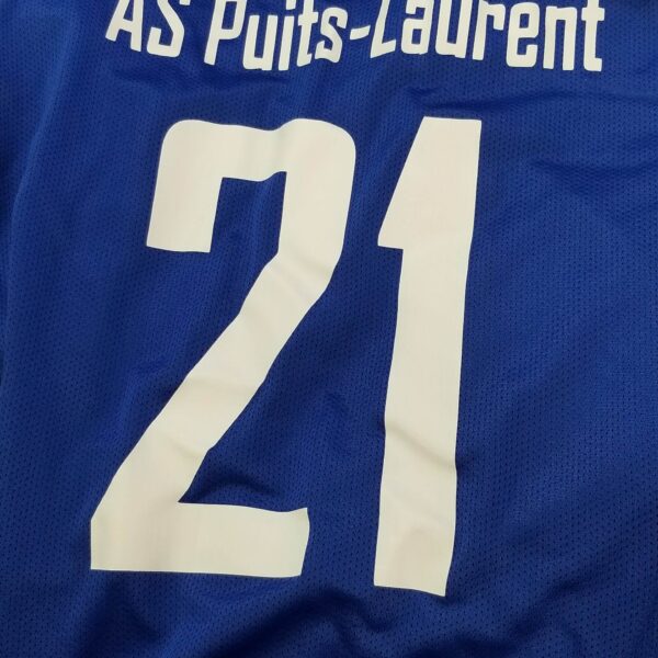 A blue sports jersey with the text "AS Puits-Laurent" and the number 21 printed in white on the back.